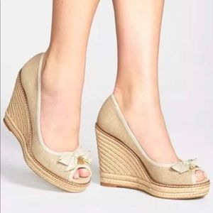Tory Burch Beige Jackie Open Toe Wedge Espadrille.